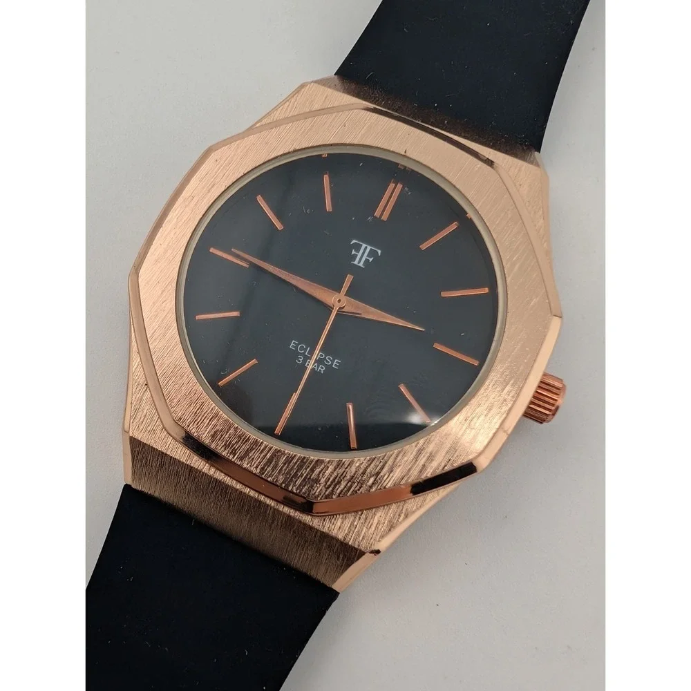Timecraft Eclipse Men's Watch 42mm Gold Case Black Silicone Band- New Battery